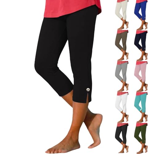 Plus Size Capri Leggings,Capri Leggings for Women Plus Size 2026 Spring Summer Casual High Waisted Button Knee Length Stretchy Workout Soft Athletic Yoga Capris Pants Seniors,Black,S