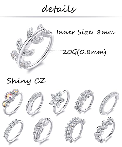 Tornito 10Pcs Nose Ring Hoop Paved Flower Leaf Feather Cz Cartilage Earrings Nose Piercing Jewelry For Women Men Silver Tone 20G #TOP1