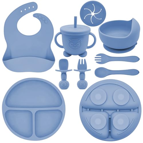 Image of Munlinder Silicone Baby Feeding Set | Baby Led Weaning Supplies Includes Suction Bowls and Divided Plates, Adjustable Bib, Baby Utensils Spoons and Forks,Cup | Baby Feeding Essentials (Deep Blue)