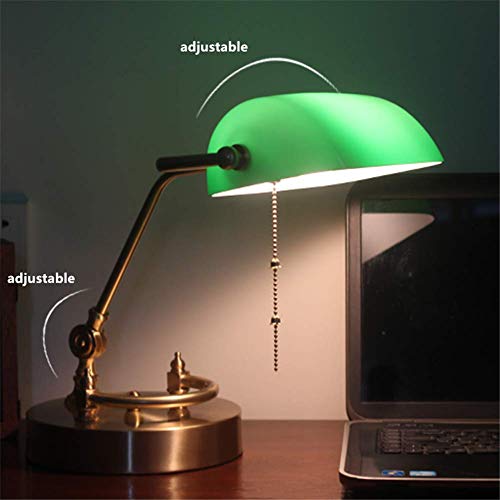 Desk Lamp Study Office Retro Classic Lighting Bedside Reading Lamp Rotatable Green Thick Glass Shade Full Copper Base Adjustable Lamp Pole Bankers Table Lamp E27 with Pull Line Switch steampunk buy now online