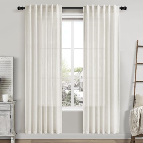 Image of Cream Linen Curtains 80 Inch Length 2 Panels Set Back Tab Drapes for Bedroom Living Room Modern Farmhouse Coastal Decor Semi Sheer Privacy Light Filtering Windows Dining Room 42x80