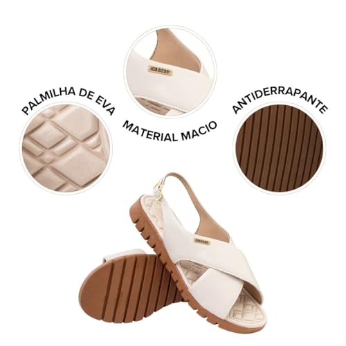 Sandália Feminina Ortopédica Flat Tratorada de X, Confortável, Versátil, Estilosa 7605 (Off White, B
