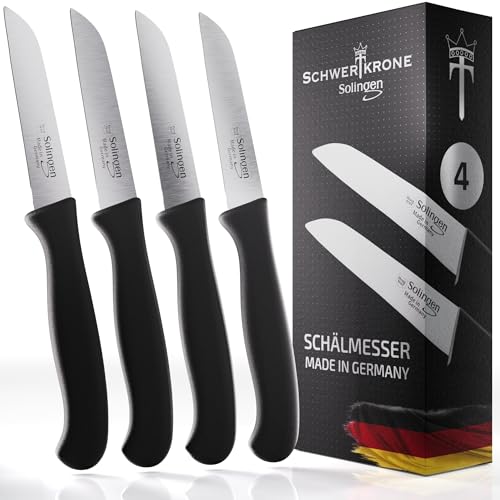 Schwertkrone Solingen - Juego de 4 cuchillos de cocina rectos verduras, afilados, cuchillo de pelar, cuchillo multiusos, acero inoxidable