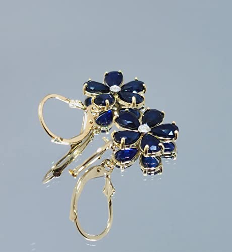 Galaxy Gold GG 14K Gold Flower Natural Blue Sapphire Dangle Earrings4