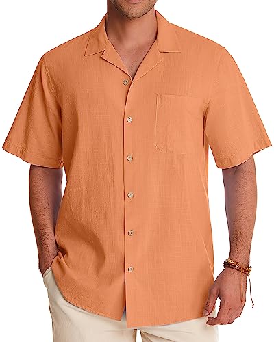 Image of Alimens & Gentle Mens Linen Shirts Cotton Hawaiian Shirts Short Sleeve Button Down Shirts Casual Summer Beach Tops