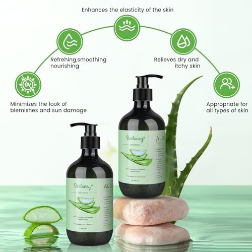 Berlaney Organic Aloe Vera Gel 17oz for Face and Body & Hair, 99.75% Organic and 100% Pure Aloe Vera Made within 12 Hours of Harvest, Aloe Vera For Deep Moisturizes and Sunburn Relief