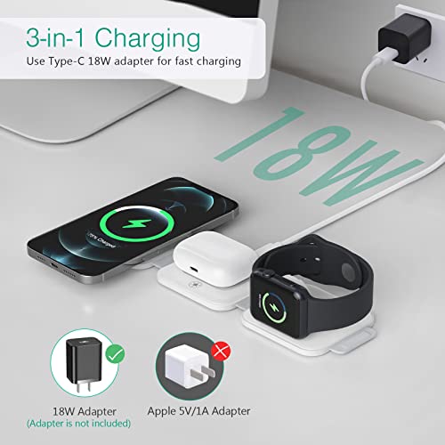 ORIA 3 in 1 Foldable Wireless Charger, Fast Wireless Charging Pad with Charging Indicator Light, Foldable Charging Station for iOS, i Watch, Air Pods, White