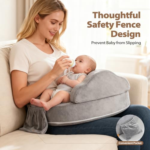 ACGROW Nursing Pillow - Memory Foam Bottle & Breastfeeding Pillow with Safety Fence - Ergonomic Support, with Wider Breast Feeding Cushion, Adjustable, Removable Cover, Baby Safety Certified Gray - Thumbnail 3