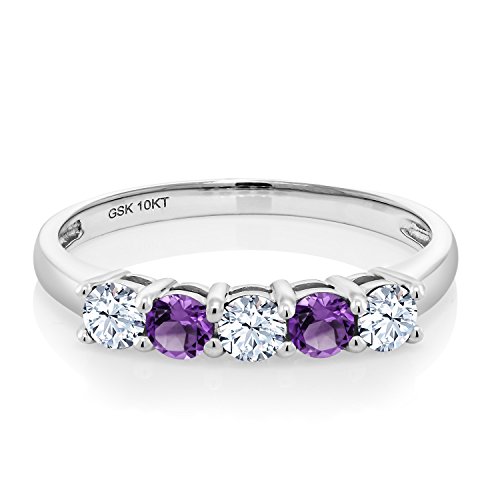 10K White Gold White Created Sapphire and Purple Amethyst 5 Stone Wedding Engagement Promise Ring For Women | 0.59 Cttw | Round 3MM | Gemstone Birthstone | Available In Size 5, 6, 7, 8, 92