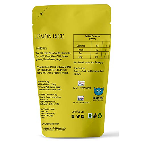 Image of BOGATCHI Quick Meals - Ready to Cook Authentic Lemon Rice - 200 g, Ready to Eat Meal and Tasty Instant Meal, 100% Natural Ingredients, No Preservatives, No Artificial Flavours & Colours