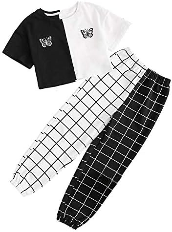 SOLY HUX Girl's 2 Piece Outfits Colorblock Butterfly Tee Top and Plaid Pants Set Black White 9Y