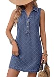 Dokotoo Denim Dress for Women Summer Sleeveless Mini Dress Womens 2026 Fashion Polo V Neck Button Loose Fit Spring Shift Jean Dresses Dark Blue Medium