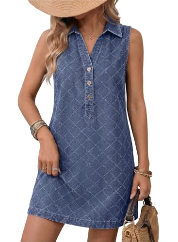 Dokotoo Denim Dress for Women Summer Sleeveless Mini Dress Womens 2026 Fashion Polo V Neck Button Loose Fit Spring Shift Jean Dresses Dark Blue XX-Large
