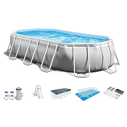 Intex Prism Frame 16.5' X 9' X 4' Oval Above Ground Swimming Pool Set With Filter Pump, Ladder, Pool Cover, And Protective Sun Canopy Shade #TOP22