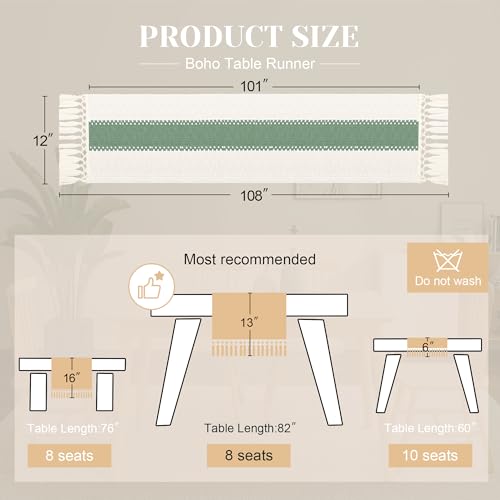 Image of FEXIA Boho Table Runner for Home Decor with Tassels 108 Inches Long,Sage Green Farmhouse Rustic Table Runner Macrame Burlap Table Decoration for Living Room Bridal Shower(12x108 Inches)