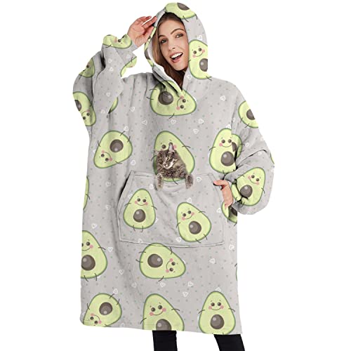 BlaHoo Yoga-Avocado-Decke, übergroße Decke, Sherpa-Decke mit Kapuze mit super Taschen, super warmer flauschiger Pullover für Erwachsene, Avocados Gesicht, Avocado, Einheitsgröße
