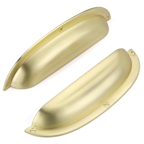 SYZOW 6 Pack Shell Cup Handles, Brushed Gold Drawer Pull Handles, Semi Circle Vintage Solid 128mm Hole Centre Cabinet Handles for Drawer, Cupboard, Dresser