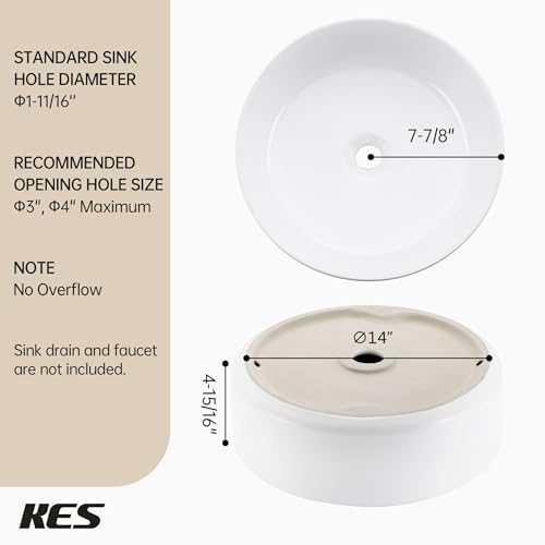 KES Round Vessel Sink, Bowl Sinks for Bathrooms 16 Inch Sink Bowl Above Counter Small Circular White Ceramic Vessel Sink Countertop for Cabinet Lavatory Vanity, BVS121 - Thumbnail 6