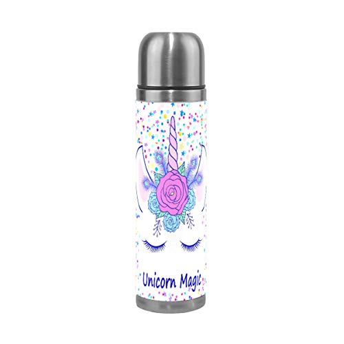 Botella de agua con diseño de unicornio para niñas, de acero inoxidable, con aislamiento térmico, reutilizable al vacío, 16 onzas, 500 ml, de cuero 454 g A001 Cover