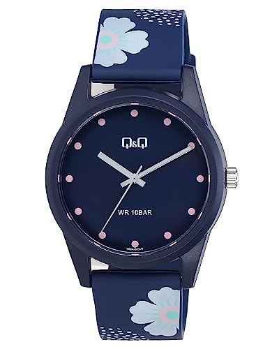 Q&Q V08A-003VY - Reloj de pulsera analógico para mujer (silicona, 10 bares), diseño floral, color azul oscuro, azul oscuro, Correa Q&Q V08A-003VY - Reloj de pulsera analógico para mujer (silicona, 10 bares), diseño floral, color azul oscuro, azul oscuro, Correa