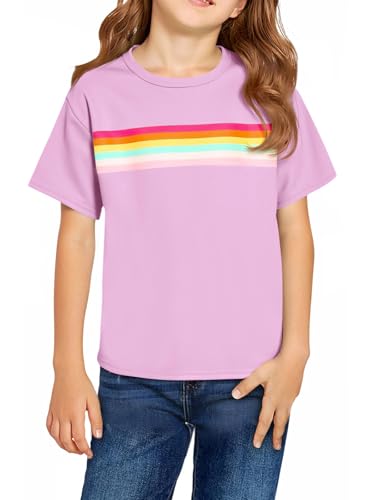 Haloumoning Girls Short Sleeve T Shirts Kids Summer Rainbow Striped Tops Crewneck Tees 5-14 Years