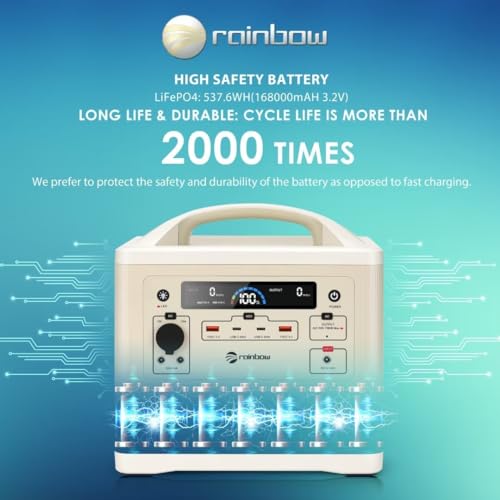 RAINBOW Portable Power Station 700W, 537Wh Backup LiFePO4 Battery, 3 x 110V/700W(Peak 1400W) AC Outlets, Solar Generator for Outdoor Camping, Quick Charge for Home, Hiking - Image 5