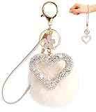 HONYJOOM Chaveiro de coração fofo para mulheres, acessórios para chaveiros de pulso femininos para chaves de carro, pompom de mochila, Branco cintilante, 3*3*1.5