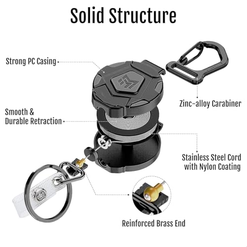 Image of MNGARISTA Retractable Keychain, Heavy Duty Carabiner Badge Holder, Tactical ID Badge Reel with 31.5 inch Steel Retractable Cord, 8.0 oz