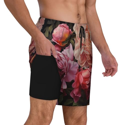 Garden Peony Built-in Compression Lining Men's Double Swim Trunks Shorts Beach Shorts with Two Pockets3