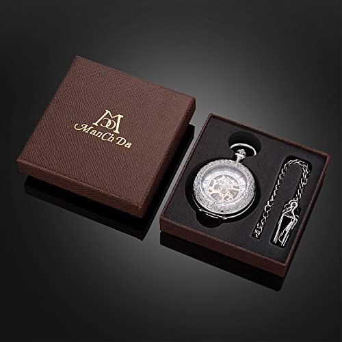 Image of ManChDa Pocket Watch Retro Smooth Classic Mechanical Hand-Wind Pocket Watch Steampunk Roman Numerals Fob Watch for Men Women with Chain + Box