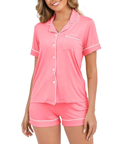 Image of Womens Pajamas Set Short Sleeve Sleepwear Button Down Pjs Shorts Set Soft Pjs Lounge Set With Pockets