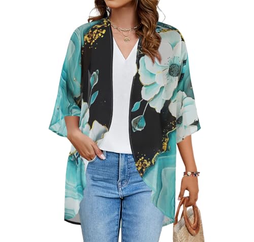 Image of Women's Floral Print Puff Sleeve Kimono Cardigan Loose Cover Up Casual Blouse Tops(Blue Dark Floral,2XL)