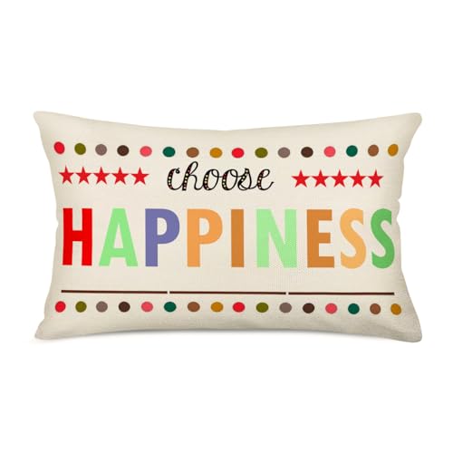 Doitely Choose Happiness Colorful Polka Dot Lumbar Waist Cotton Linen Throw Pillow Case Cushion Cover Couch Sofa Decorative Oblong Long 12x20 Inches Great Best Friend Sister Gift