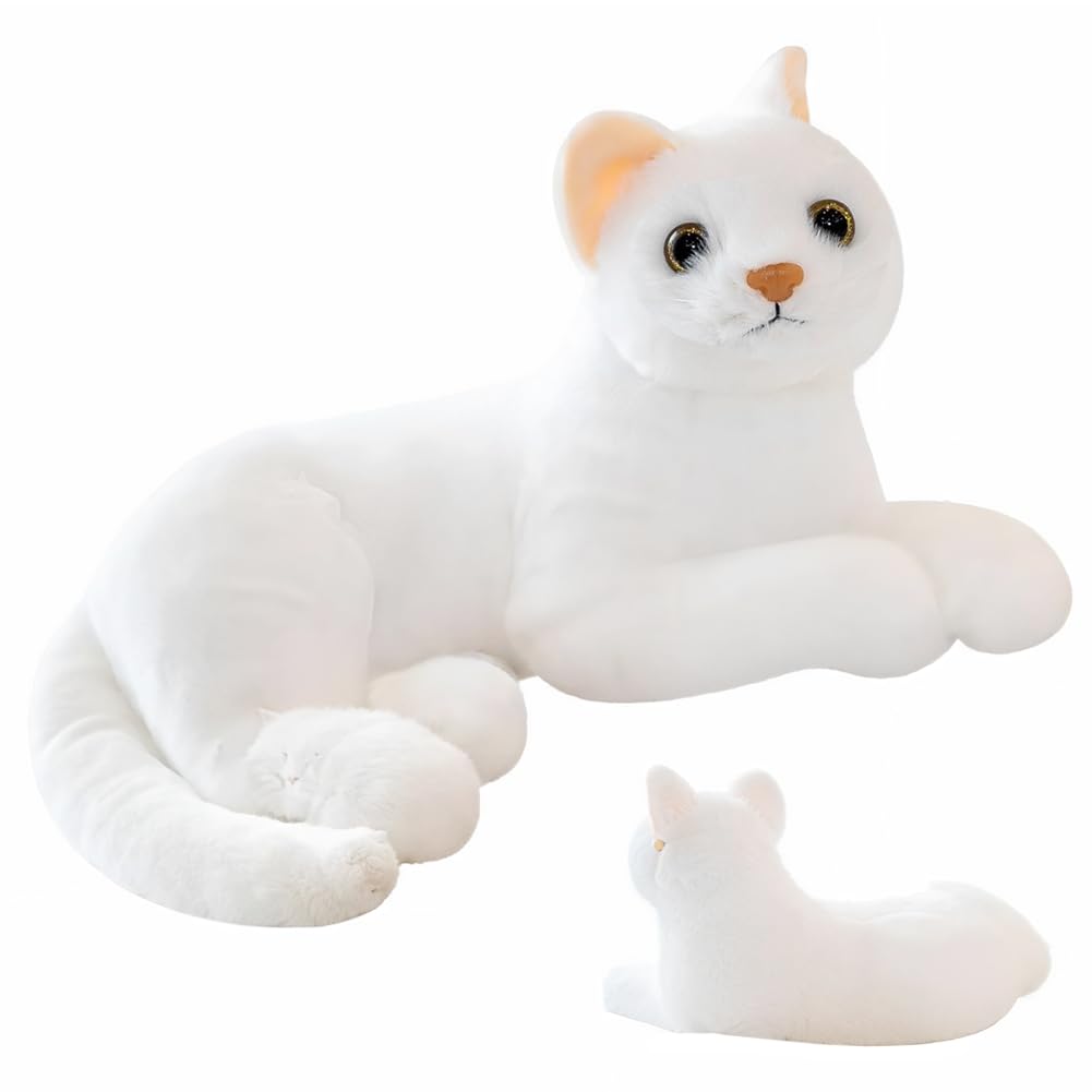 Peluche Gato Blanco, Muñeco de Peluche Gato Realista – Simulación Suave y Tierna, Juguete para Niños y Coleccionistas -Blanco