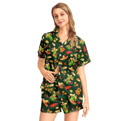 Image of Funny Pajamas for Women Set Print Satin Loungewear Pjs Short Sleeve Button Down Top and Shorts Sets Sleepwear XS-3XL