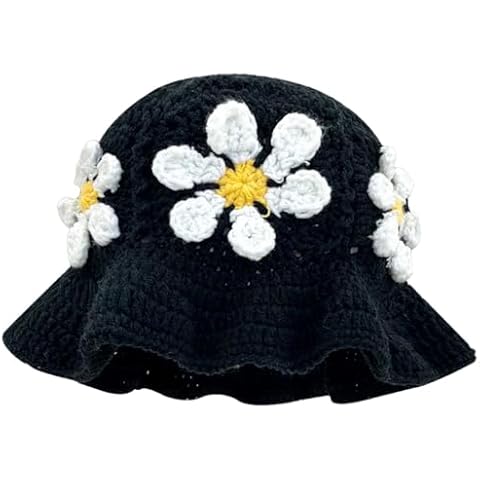 Ahouws Crochet Bucket Hat for Women Flower Knit Hat Hollow Out Foldable Cap Hats(Black+White) Cover