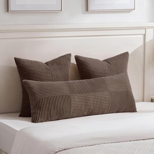 Image of Fancy Homi 2 Packs Dark Brown Big Decorative Throw Pillow Covers 24x24 Inch for Living Room Couch Bed, Farmhouse Boho Home Decor, Soft Corss Corduroy Patchwork Accent Square Cushion Case 60x60 cm