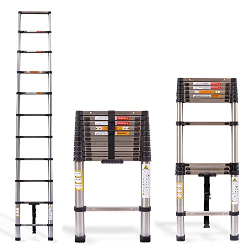 Escalera retráctil de 3,2 m / 10,5 pies con capacidad de carga de 330 kg, plegable, extensible, multiusos, de acero inoxidable, 11 escalones, para uso doméstico diario, oficina, hogar, jardín, sitio