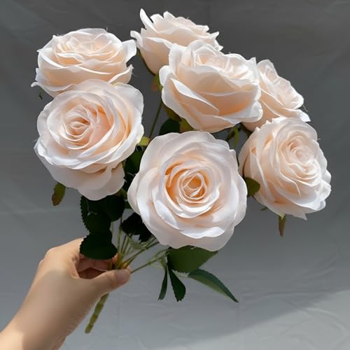 Image of Artificial Rose Flower Bouquet - 7 Soft Creme Silk Roses with Green Leaves | Realistic Artificial Flowers for Home Decoration, Wedding, Party & Gift