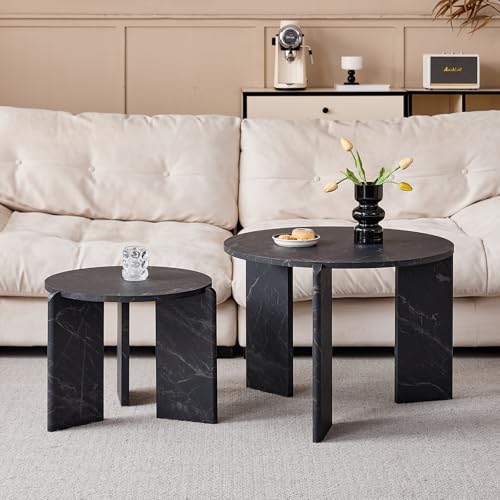 JZGORC Lot de 2 Table Basse, Table Basse Effet Marbre Noir Imitation, Design à Trois Pieds, Tables D'appoint de Salon de Style Simple et Moderne, Adaptée au...