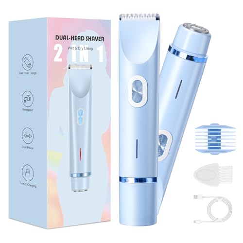 Rasierer Damen 2-in-1 Doppelkopf Intimrasierer für Frauen mit USB-C-Laden Damenrasierer Elektrisch für Gesicht Beine und Arme Bikini trimmer mit Wasserdichter Trimmerkopf Leicht zu Reinigen(blue)