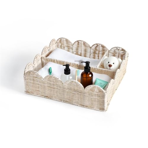 Image of Rattan Divided Scalloped Basket,Wicker Diaper Caddy Scalloped Baske,Woven Natural Basket with 4 Dividers,Suitable for Baby Rooms, Bathrooms, Bedrooms (Rattan)