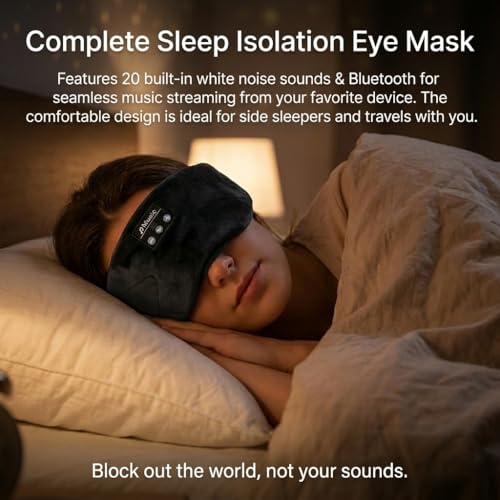 Image of Sleepals Bluetooth Sleep Mask with 24 Built-in White Noise Sounds, Ultra-Slim Headphones for Side Sleepers, 100% Light Blockout 3D Eye Mask, Washable Fleece Sleep Headphones (Black)