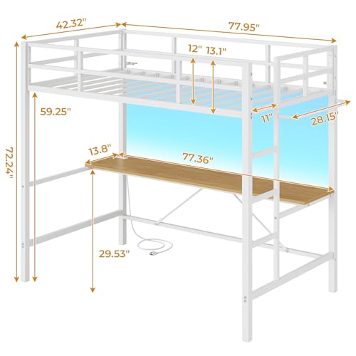 image for DICTAC Twin Loft Bed with Desk and Charging Station Twin Size Metal Be