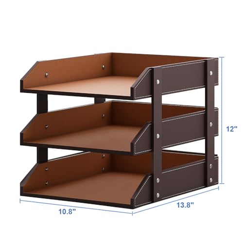 Office Organizer,SanPlus Leather Desk Document File Letter Organizer Tray,3 Tier Paper Magazine Storage Holder (brown)