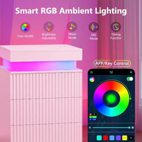 Image of Nightstand Bedside Table with Charging Station & LED Lights, Pink | RGB Lights, Hidden Sliding Top, 2 AC Outlets & 2 USB Ports, 3-Drawer Storage, Modern Fluted End Table for Bedroom
