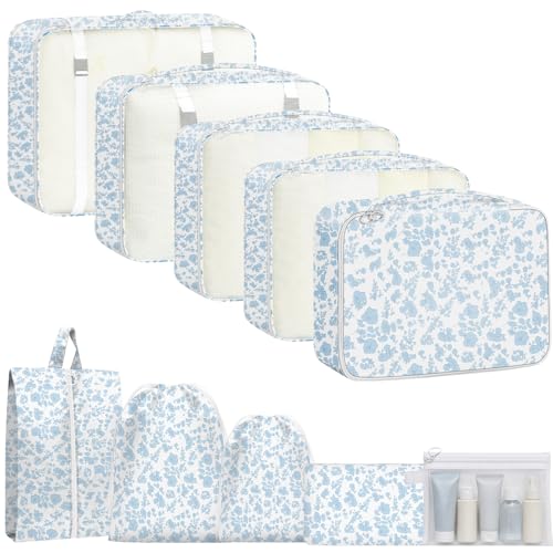 10pcs Packing Cubes for Suitcases, Travel Organiser Packing Bags for Clothes Shoes Toiletries Travel Luggage Organizers Storage Bags (blue flower)