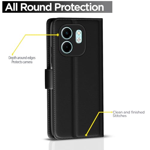 Image of Pikkme Flip Cover Leather Finish | Inside TPU with Card Pockets | Wallet Stand and Shock Proof | Complete Protection Button Flip Case for Infinix Smart 9 HD(Black)