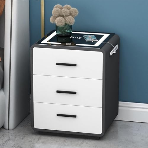 Moderna mesita de noche negra y gris con luz LED, estación de carga de 3 cajones y puertos USB, elegante mesita de noche de madera para dormitorio, hotel y oficina