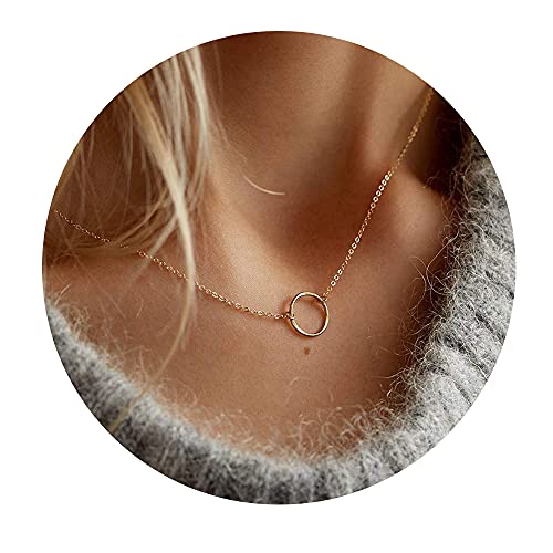 Ldurian Dainty Circle Necklace, Simple Gold Choker with Disc Pendant, Minimalist Women Necklace, Coin Jewelry (14K Gold Plated, Hammered)